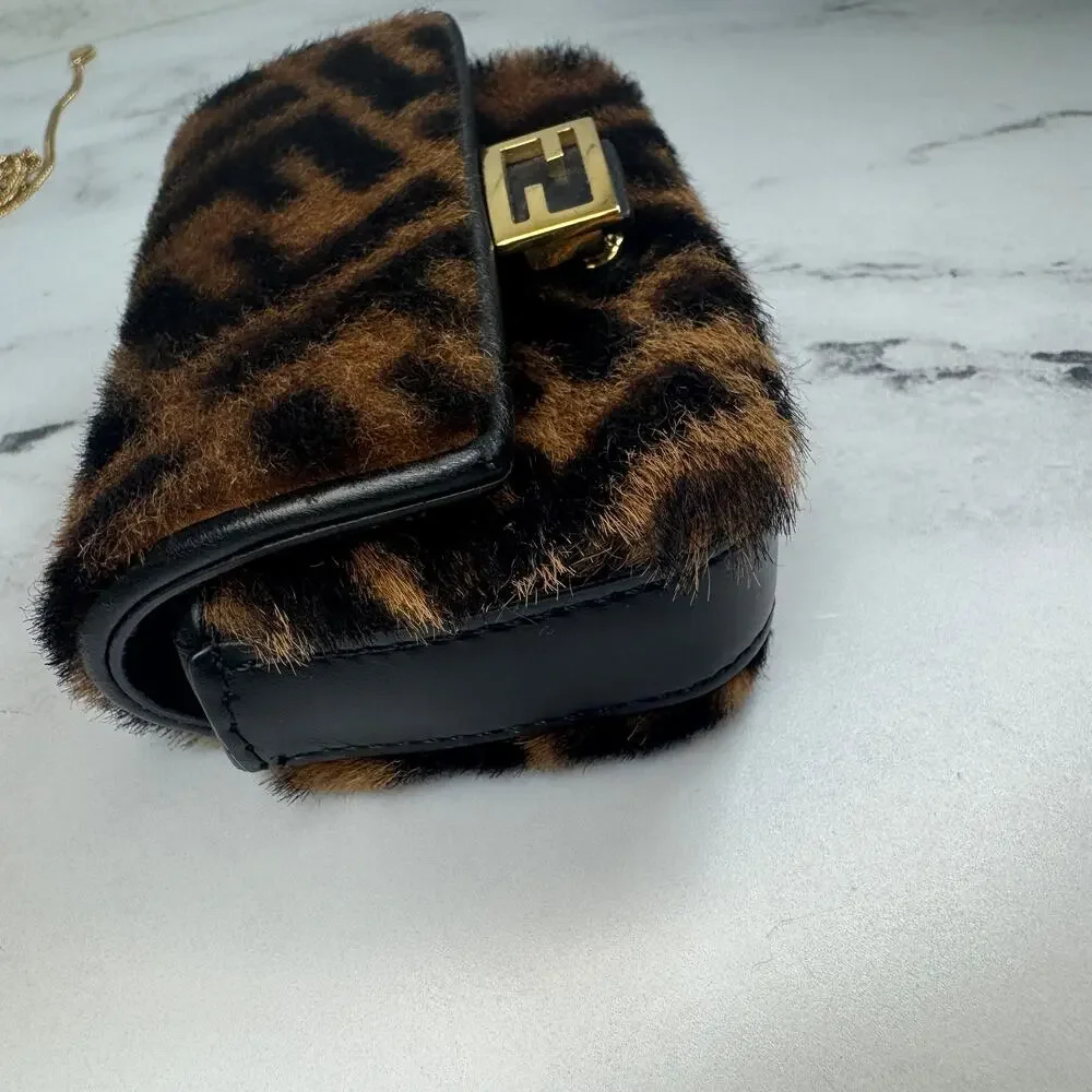 Fendi Zucca Shearling Baguette Charm Nano FF 2022 Crossbody Mini Bag Gold Chain - Picture 7 of 14